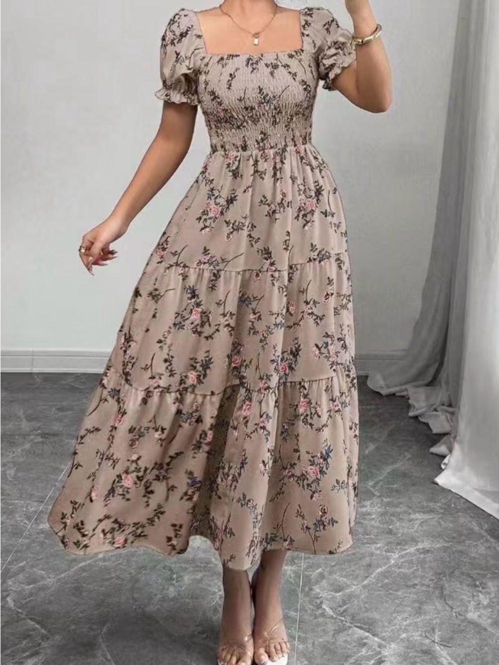 Smocked Square-Neck Floral Maxi Dress - Beige